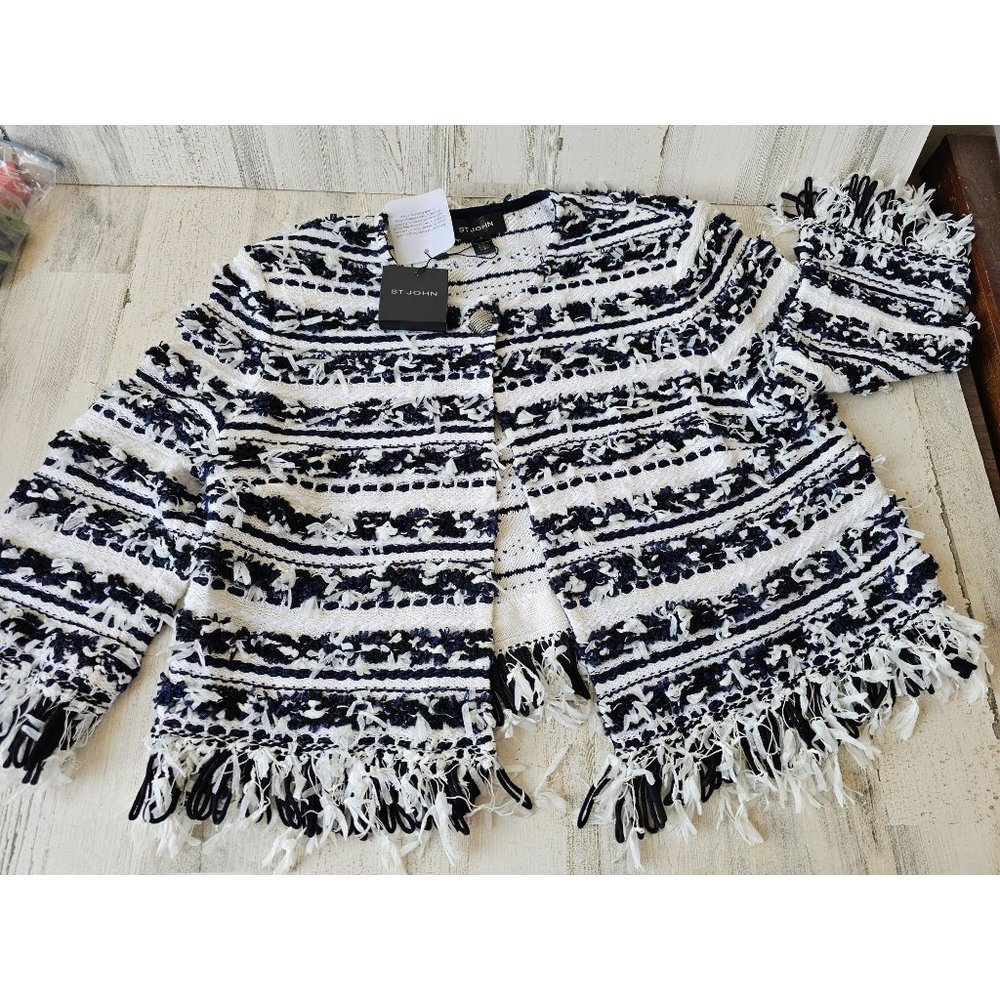 St John knit new jacket pullover women's fringe L‎ striped black blue white fun